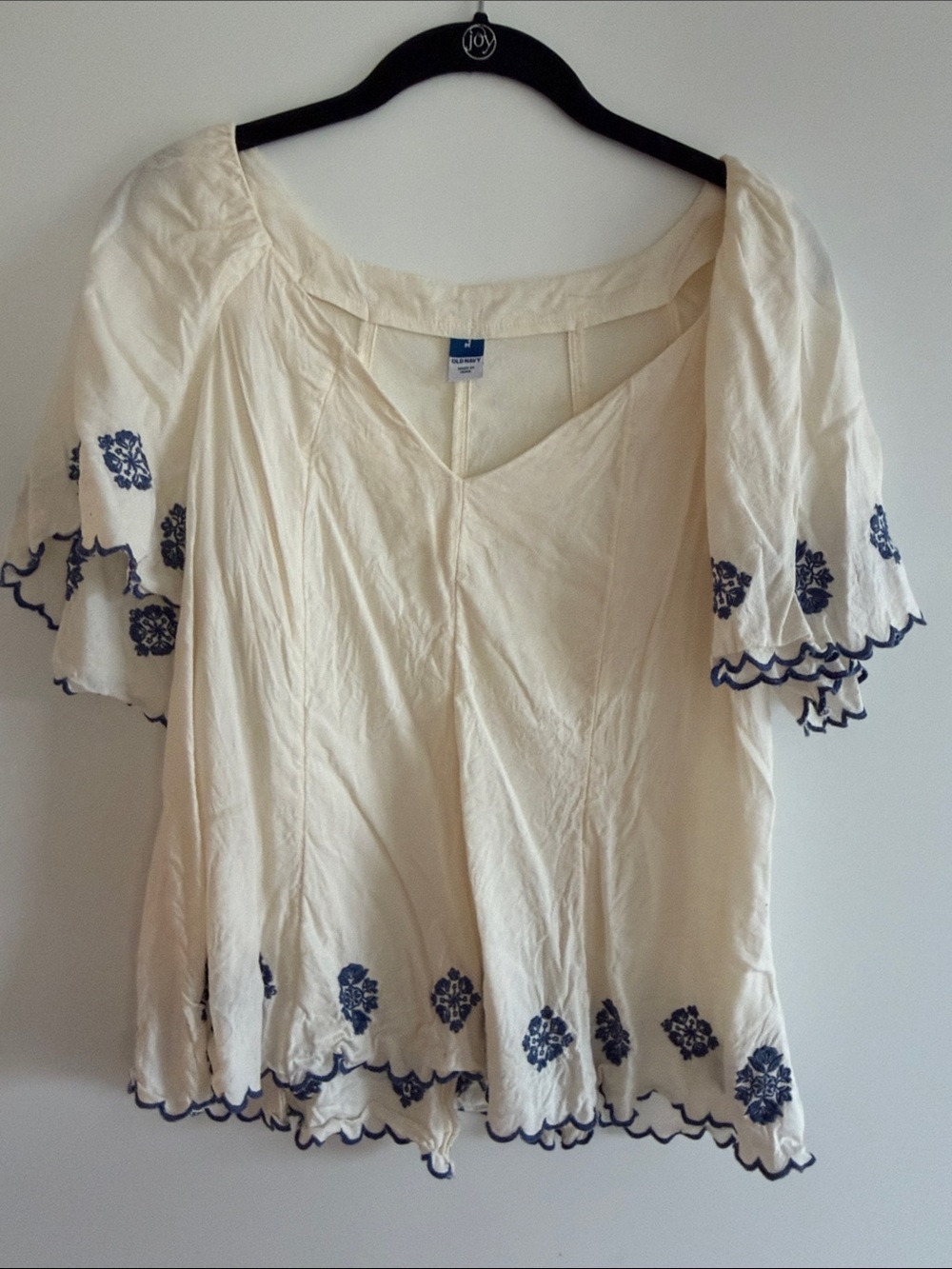 Old Navy Cream Peasant Top with Blue Floral Embroidery